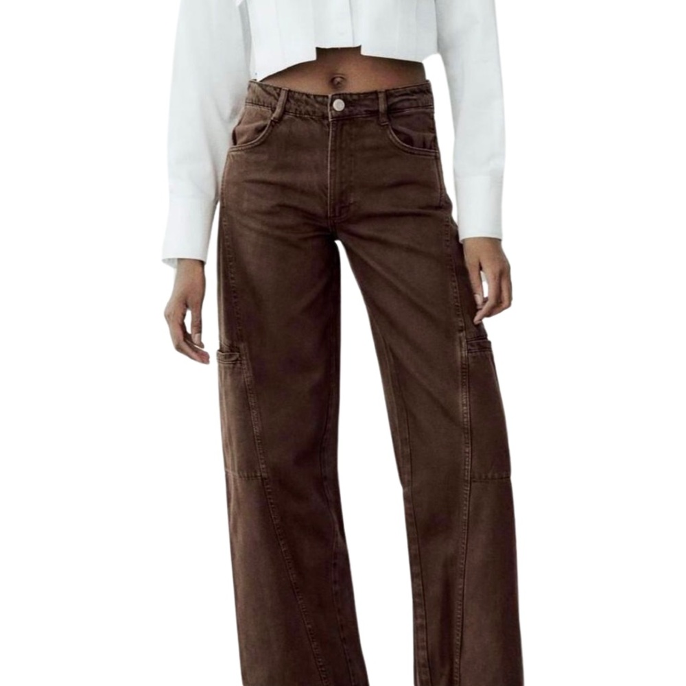 Zara Mid Rise TRF Cargo Wide Leg Jeans - 2 - Chocolate Brown